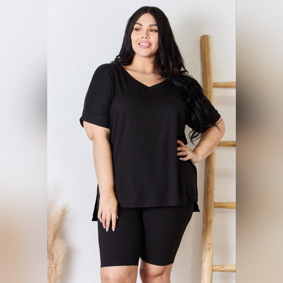 Zenana Full Size V-Neck Short Sleeve Slit T-Shirt and Shorts Set - Picture 9 of 12
